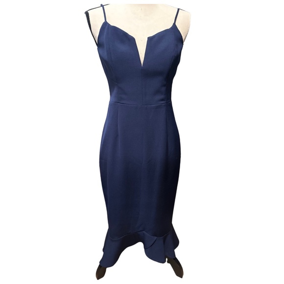 Kristen Peplum Dress in Navy Bardot Revolve Formal Homecoming - Picture 2 of 5